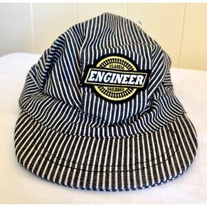 Kids Railroad Engineer Hat Blue White Hickory Stripe Conductor Cap Elastic Back